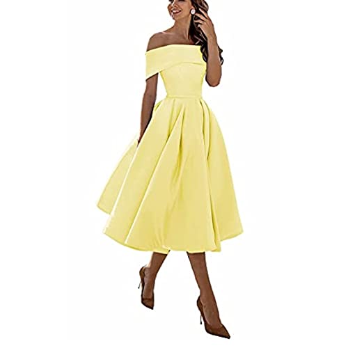 Damen Knielang Kleid Kleider,Einschultriger Dreiviertelrock aus Satin in A-Linie,Yellow,US8,Festliches Ballkleid Brautjungfernkleider von yhfshop