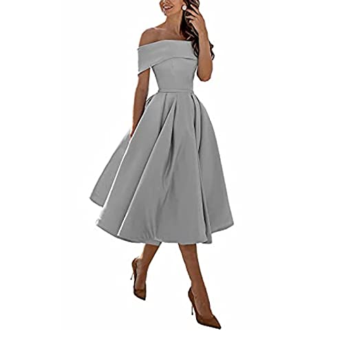 Knielang Festliches Cocktailkleid,Einschultriger Dreiviertelrock aus Satin in A-Linie,Grey G,US8,Kurz Slim Abend Brautkleid Ballkleid von yhfshop