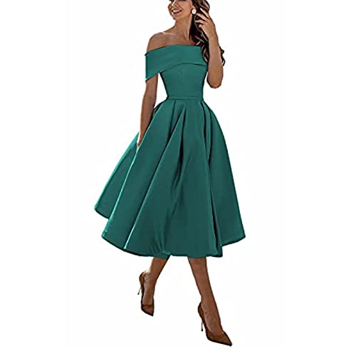 Knielang Partykleider mit,Einschultriger Dreiviertelrock aus Satin in A-Linie,Blue Green H,US10,Knielang Kurz Festliche Kleider Ballkleider von yhfshop