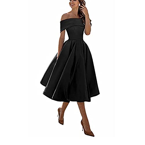 Knielange Ballkleid Brautjungfernkleider,Einschultriger Dreiviertelrock aus Satin in A-Linie,Black,US14,knielangen Cocktailkleid von yhfshop