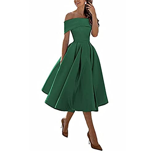 Knielange Ballkleid Brautjungfernkleider,Einschultriger Dreiviertelrock aus Satin in A-Linie,Dark Green D,US12,knielangen Cocktailkleid von yhfshop
