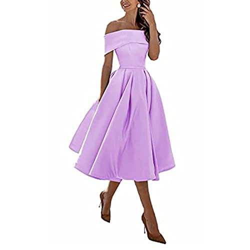 Knielange Ballkleid Brautjungfernkleider,Einschultriger Dreiviertelrock aus Satin in A-Linie,Lilac,US26w,knielangen Cocktailkleid von yhfshop