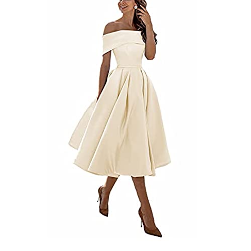 Knielange Brautjungfernkleider Ballkleid,Einschultriger Dreiviertelrock aus Satin in A-Linie,Beige,US14,Kurz Slim Abend Brautkleid von yhfshop