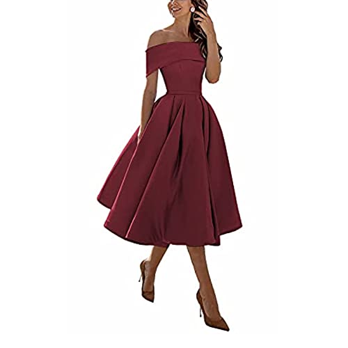 kurzes Abendkleider Cocktailkleider,Einschultriger Dreiviertelrock aus Satin in A-Linie,Red Wine,US2,Damen Cocktailkleid Abendkleider von yhfshop
