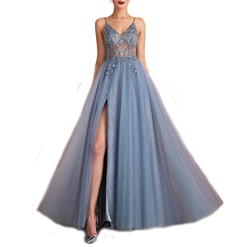 yhfshop Abendkleid Brautjungfernkleider,Sexy Party-Abendkleid mit geteiltem V-Ausschnitt und Perlen,Gray Blue,US18w,Damen Retro Brautjungfernkleider von yhfshop