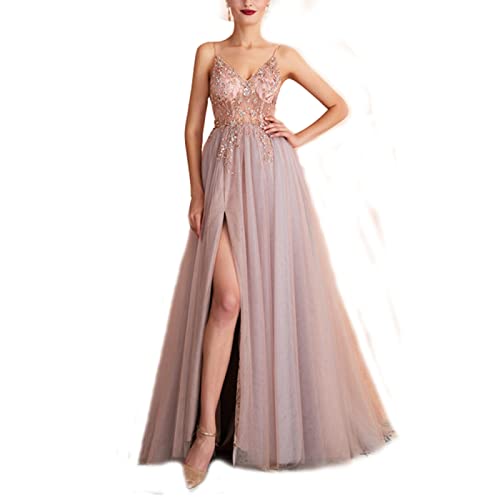 yhfshop Damen Abendkleid Lange,Sexy Party-Abendkleid mit geteiltem V-Ausschnitt und Perlen,Gray pink,US4,Damen Kleid Festliche Kleider Brautjungfer von yhfshop