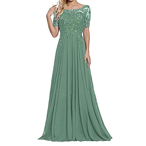 yhfshop Damen Abendkleider Elegant,Schulter-Kurzarm-Partykleid mit Spitzenapplikationen-grau Grün_50,Elegant Frauen Bodenlang Abendkleider von yhfshop