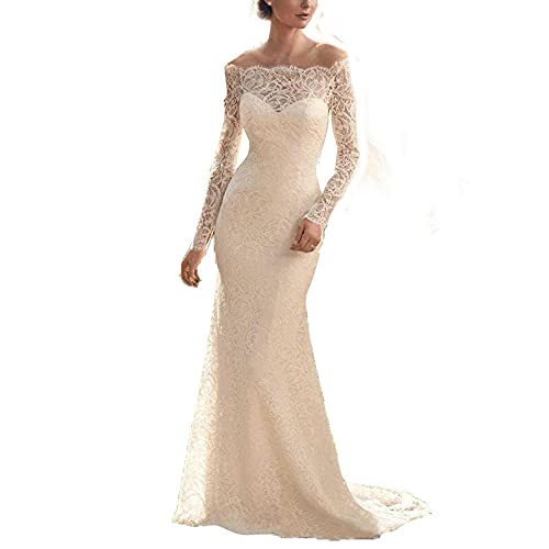 yhfshop Damen Festliche Kleider Maxi Hochzeit,One-Shoulder-Hochzeitskleid aus Mertail-Spitze mit Langen Ärmeln in A-Linie-Beige_36,Damen Abendkleider Lang von yhfshop