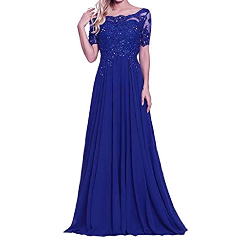 yhfshop Damen Festliche Kleider Maxi Hochzeit,Schulter-Kurzarm-Partykleid mit Spitzenapplikationen-Königsblau_48,Damen Abendkleider Lang von yhfshop