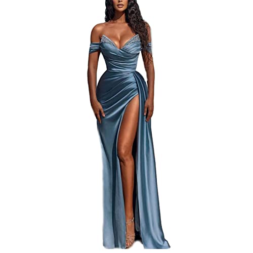 yhfshop Elegant Party Damen Brautjungfernkleider,Satin-Meerjungfrau-Abendkleider Wulstige Geraffte hohe Spaltung,Gray Blue,US8,Lange Abendkleid mit von yhfshop