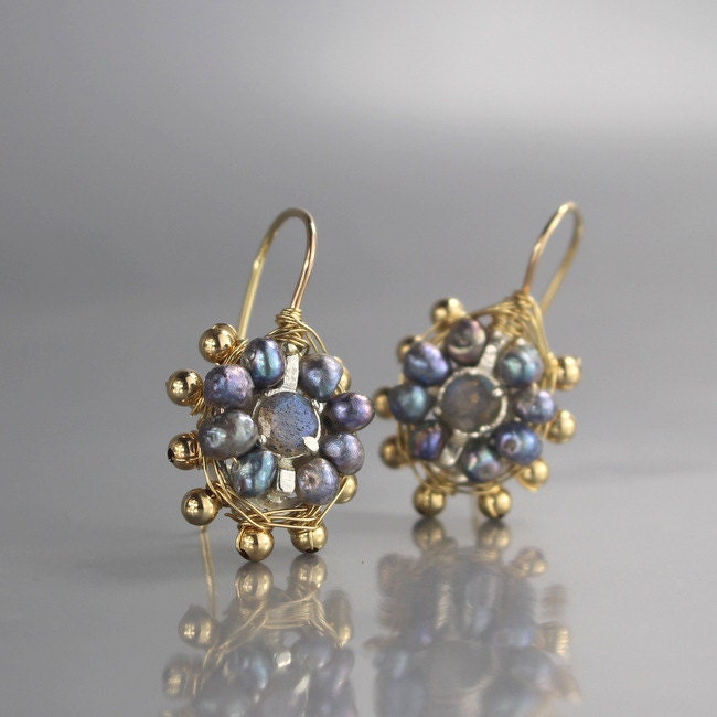 Labradorit Mandala Ohrringe, Kleine Schmuck, Lünette Set Schmuck-Unikate von yifatbareket