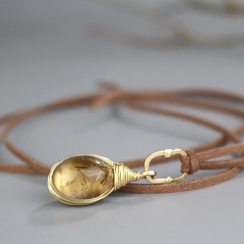 Rutilquarz Faux Leder Halskette, Lange Doppelseitige Edelstein Anhänger, Schnur Reversible Anhänger von yifatbareket