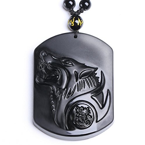 yigedan Halskette mit Anhänger aus natürlichem Obsidian, heulender Wolfskopf. von yigedan