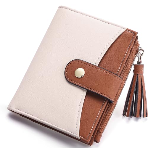 yiijay Kleine Geldbörse für Damen, RFID-blockierende Quaste, Bifold Slim Thin Leder Geldbörse Kreditkartenhalter Geldbörse Damen Mini Geldbörse mit Reißverschlusstasche, 1 Beige und Braun, Kleine von yiijay