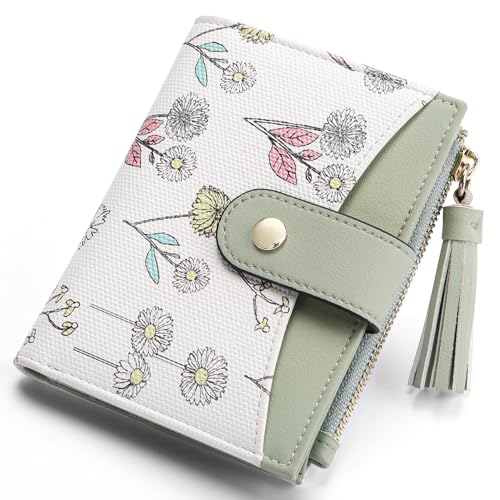 yiijay Kleine Geldbörse für Damen, RFID-blockierende Quaste, Bifold Slim Thin Leder Geldbörse Kreditkartenhalter Geldbörse Damen Mini Geldbörse mit Reißverschlusstasche, 1Flora Green, Kleine kompakte von yiijay
