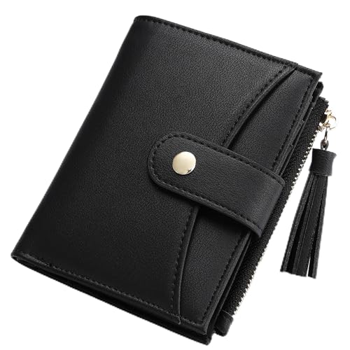 yiijay Kleine Geldbörse für Damen, RFID-blockierende Quaste, Bifold Slim Thin Leder Geldbörse Kreditkartenhalter Geldbörse Damen Mini Geldbörse mit Reißverschlusstasche, 2black, Kleine kompakte von yiijay