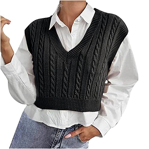 Crop Top Pullunder Damen Sweater Weste Pullunder Strick Ärmellos V-Ausschnitt Mode Strickweste Knitted Vest Stricken Weste Einfarbig Casual Strick Tank Top von yiouyisheng