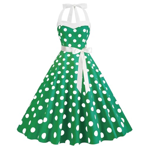 Damen Audrey Hepburn Kleid Vintage Cocktailkleid Neckholder Kleid 1950er Polka Dots Retro Rockabilly Swing Kleid A Linie Faltenrock Hochzeit Festlich Abendkleid Ballkleid von yiouyisheng