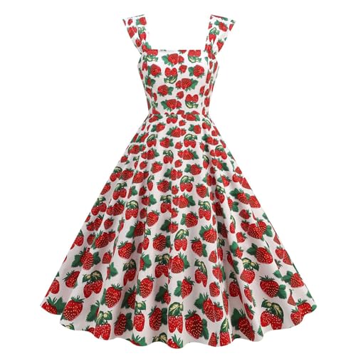 Damen Cocktailkleid mit Muster Erdbeere Kirsche Rose Zitrone Rockabilly Partykleid Ärmellos Ballkleid Elegant A Linien Swing Kleid 50er Jahre Kleider High Waist Abendkleider von yiouyisheng