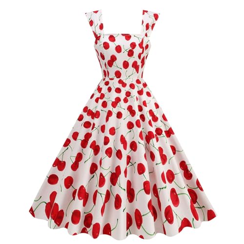 Damen Cocktailkleid mit Muster Erdbeere Kirsche Rose Zitrone Rockabilly Partykleid Ärmellos Ballkleid Elegant A Linien Swing Kleid 50er Jahre Kleider High Waist Abendkleider von yiouyisheng