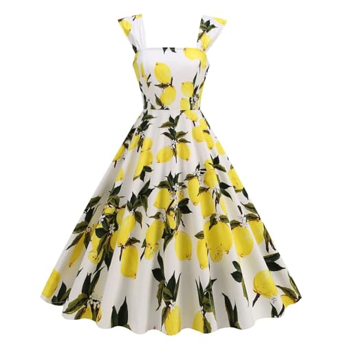 Damen Cocktailkleid mit Muster Erdbeere Kirsche Rose Zitrone Rockabilly Partykleid Ärmellos Ballkleid Elegant A Linien Swing Kleid 50er Jahre Kleider High Waist Abendkleider von yiouyisheng