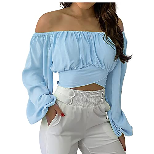 Damen Crop Top Langarm Tshirt Schulterfrei Langarmshirt Off-Shoulder Kreuzgurte Top Laternenärmel Einfarbiges Bluse Bauchfrei Oberteile Trägerloses T-Shirt Crop Tops von yiouyisheng