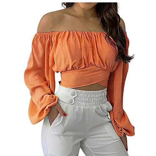 Damen Crop Top Langarm Tshirt Schulterfrei Langarmshirt Off-Shoulder Kreuzgurte Top Laternenärmel Einfarbiges Bluse Bauchfrei Oberteile Trägerloses T-Shirt Crop Tops von yiouyisheng