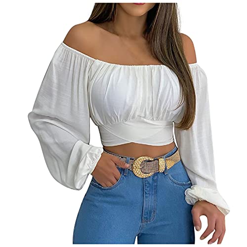 Damen Crop Top Langarm Tshirt Schulterfrei Langarmshirt Off-Shoulder Kreuzgurte Top Laternenärmel Einfarbiges Bluse Bauchfrei Oberteile Trägerloses T-Shirt Crop Tops von yiouyisheng