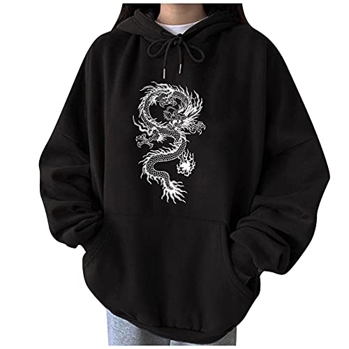 Damen Kapuzenpullover Hoodies Langarm Sweatshirts Drachen Drucken Pullover mit Kapuze Oversize Hoodie Dragon Print Sweatshirt Langarmshirt Oberteile Bluse TopsTeenager Mädchen Streetwear von yiouyisheng