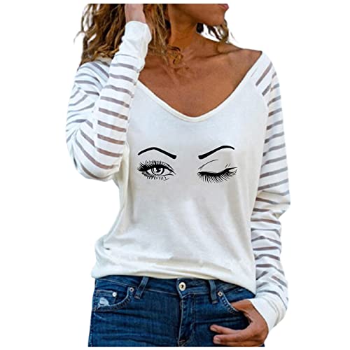 Damen Lustiges T-Shirt Auge Wimper Augenbraue Drucken Tshirt Weiß Langarmshirt Damen Fun T-Shirt Teenager Mädchen Freizeit Oberteil mit Langen Ärmeln V-Ausschnitt von yiouyisheng