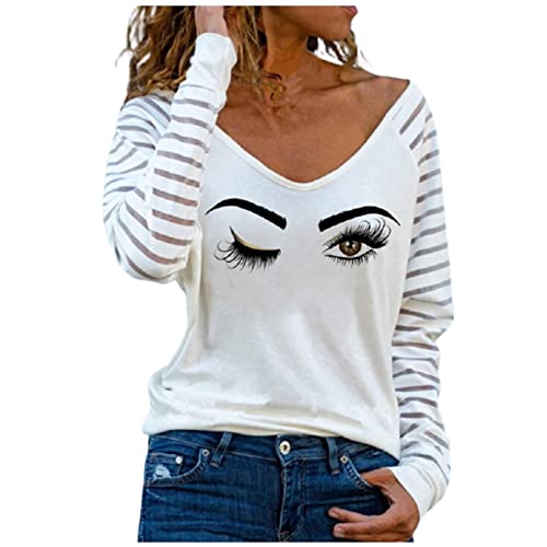 Damen Lustiges T-Shirt Auge Wimper Augenbraue Drucken Tshirt Weiß Langarmshirt Damen Fun T-Shirt Teenager Mädchen Freizeit Oberteil mit Langen Ärmeln V-Ausschnitt von yiouyisheng