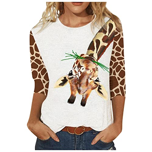 Damen T-Shirt mit 3/4 Ärmeln, Giraffe, Tiger, Zebra, Tierdruck, Rundhalsausschnitt, lockere, lässige Oberteile, 3/4 Arm Shirt Damen, Tshirt Damen 3/4 Sleeve Tops von yiouyisheng