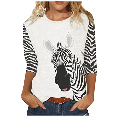 Damen T-Shirt mit 3/4 Ärmeln, Giraffe, Tiger, Zebra, Tierdruck, Rundhalsausschnitt, lockere, lässige Oberteile, 3/4 Arm Shirt Damen, Tshirt Damen 3/4 Sleeve Tops von yiouyisheng