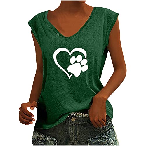 Damen-T-Shirt mit Flügelärmeln Sommer-Tanktop lässig lockere Passform Blusen, Tshirt Damen mit Motiv Hundepfote und Herz, Tank Top Damen Ärmelloses T-Shirt Lose Sexy Tanktops Frauen von yiouyisheng