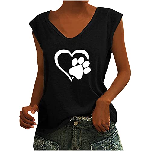 Damen-T-Shirt mit Flügelärmeln Sommer-Tanktop lässig lockere Passform Blusen, Tshirt Damen mit Motiv Hundepfote und Herz, Tank Top Damen Ärmelloses T-Shirt Lose Sexy Tanktops Frauen von yiouyisheng