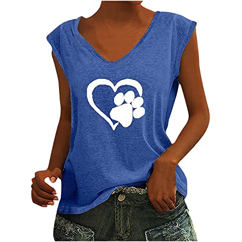 Damen-T-Shirt mit Flügelärmeln Sommer-Tanktop lässig lockere Passform Blusen, Tshirt Damen mit Motiv Hundepfote und Herz, Tank Top Damen Ärmelloses T-Shirt Lose Sexy Tanktops Frauen von yiouyisheng