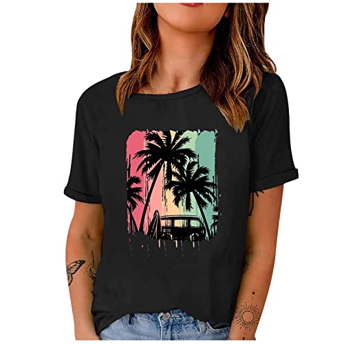 Damen Tshirt mit Print Urlaubs-T-Shirt mit Palmen-Wohnwagen-Motiv Oberteile Kurzarm Rundhals T Shirt Sommer Casual Mode Bluse Schwarz Weiß Rot Grün Armeegrün von yiouyisheng