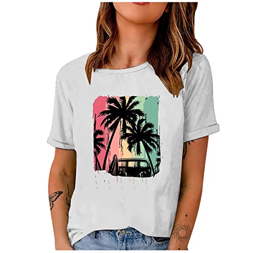 Damen Tshirt mit Print Urlaubs-T-Shirt mit Palmen-Wohnwagen-Motiv Oberteile Kurzarm Rundhals T Shirt Sommer Casual Mode Bluse Schwarz Weiß Rot Grün Armeegrün von yiouyisheng