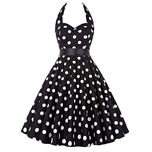 Damen Vintage Cocktailkleid Knielang Neckholder Swing Retro Rockabilly Kleid, Damen Halfter 50er Jahre Kleid Punkte A-Line Petticoat Faltenrock Hohe Taille Cocktail Festliche Kleider von yiouyisheng