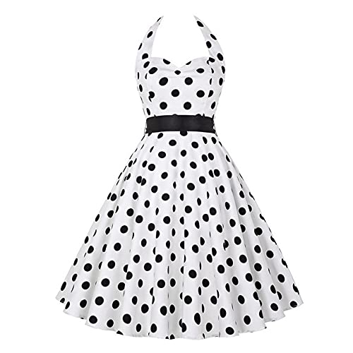 Damen Vintage Cocktailkleid Knielang Neckholder Swing Retro Rockabilly Kleid, Damen Halfter 50er Jahre Kleid Punkte A-Line Petticoat Faltenrock Hohe Taille Cocktail Festliche Kleider von yiouyisheng