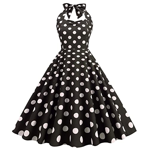 Damen Vintage Cocktailkleid Knielang Neckholder Swing Retro Rockabilly Kleid, Damen Halfter 50er Jahre Kleid Punkte A-Line Petticoat Faltenrock Hohe Taille Cocktail Festliche Kleider von yiouyisheng