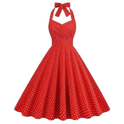 Damen Vintage Cocktailkleid Knielang Neckholder Swing Retro Rockabilly Kleid, Damen Halfter 50er Jahre Kleid Punkte A-Line Petticoat Faltenrock Hohe Taille Cocktail Festliche Kleider von yiouyisheng