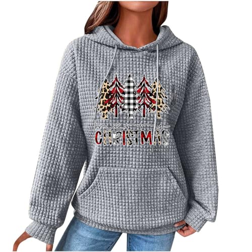 Damen Waffel Hoodie Weihnachten Pullover Herbst Winter Sweatshirt mit Kapuze, Kapuzenpullover Damen Merry Christmas Weihnachtsbaum Grafik Kapuzenpulli Mädchen von yiouyisheng