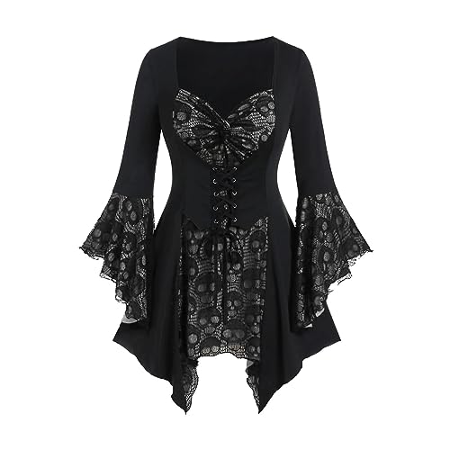 Gothic Oberteil Damen Spitze Totenkopfmotiv Bluse 3/4 Ärmel Shirt Patchwork Tunika Schnürung, Damen Halloween Karneval Fasching Kostüm Hexenbluse Vampir Top von yiouyisheng