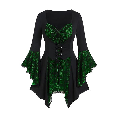 Gothic Oberteil Damen Spitze Totenkopfmotiv Bluse 3/4 Ärmel Shirt Patchwork Tunika Schnürung, Damen Halloween Karneval Fasching Kostüm Hexenbluse Vampir Top von yiouyisheng