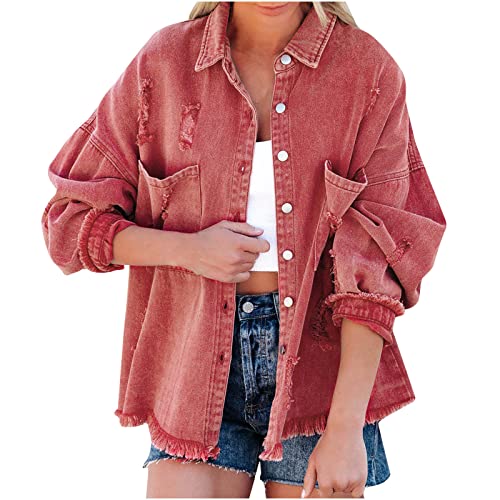 yiouyisheng Jeansjacke Damen Lang Oversize Jeans Jacket Zerrissene Jacken Jeansjacke Mädchen Casual Washed Distressed Loose Denim Jacke Boyfriend Jacket Orange Gelb Rot von yiouyisheng