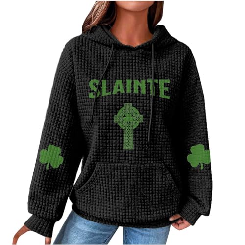 Kapuzenpullover Damen St Patricks Day Kleeblatt und Kreuzmotiv Waffel Kapuzenpulli St. Patricks Day Hoody Saint Patrick's Day Oberteil Irland St. Patrick's Day Hoodies Grün Teenager Mädchen von yiouyisheng