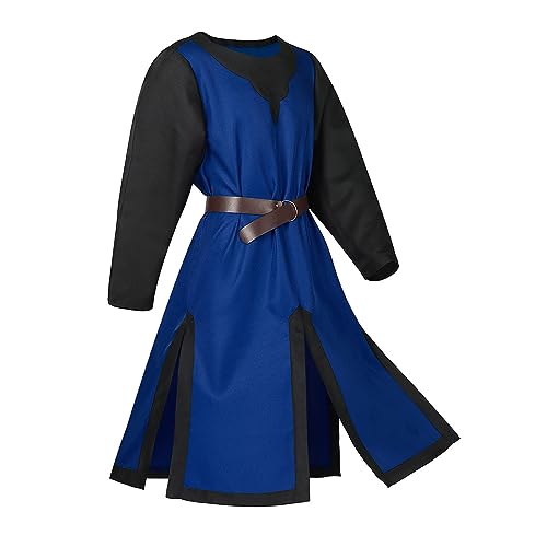 Mittelalter Kleidung Herren Tunika mit Gürtel Farbe Block Robe Mittelalterlich Vintage Shirt Langarm Rundhals Pullover Top Karneval Halloween Party Cosplay Kostüm Männer von yiouyisheng