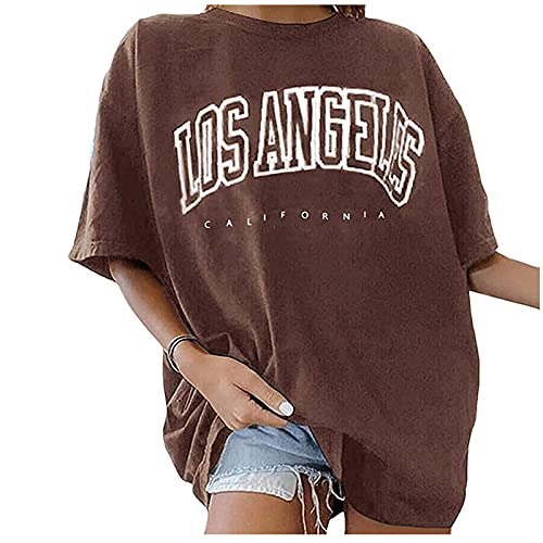 Oversize Tshirt Damen Los Angeles Kurzarm-Casual-Buchstaben mit Rundhalsausschnitt aus Baumwoll, Sommeroberteile, Kurze Ärmel, Hemden mit kreativen Buchstaben Vintage Pullover Sweatshirt Bluse von yiouyisheng