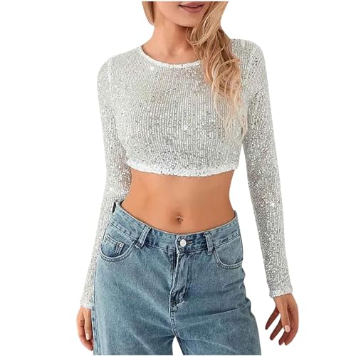 yiouyisheng Pailletten Crop Top Damen Langarm T-Shirt Schlank Kurzes Top Sexy Glitzer Oberteile Mädchen Party Club Crop Tops Bauchfreies Oberteil Y2K Streetwear Einfarbig von yiouyisheng